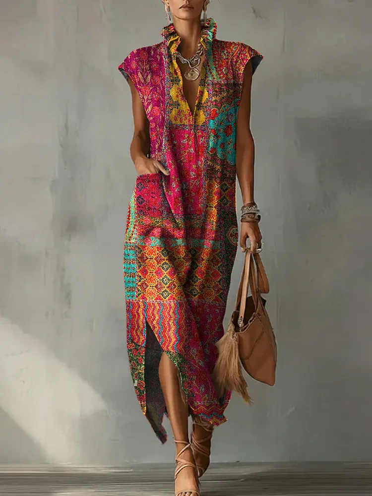 Casual, Loose-fit Cotton-linen Dress With Cap Sleeves, Featuring Vintage Ethnic-style Patchwork And Print
