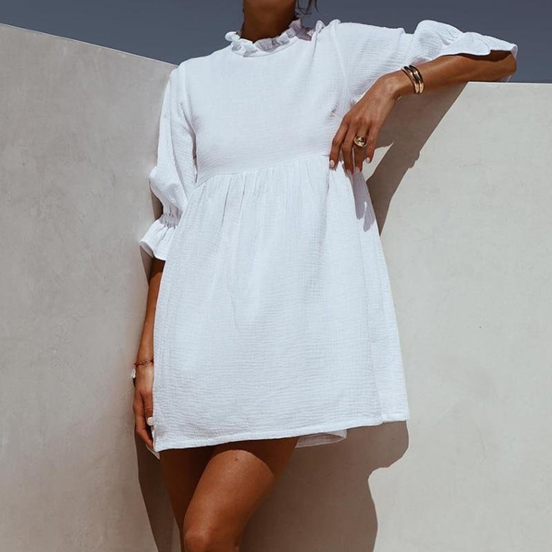 Women Ruffles Elastic Waist Loose Straight White Mini Dresses Half Sleeve Shirt Dress 2020 Summer Fashion Woman Boho Sundress