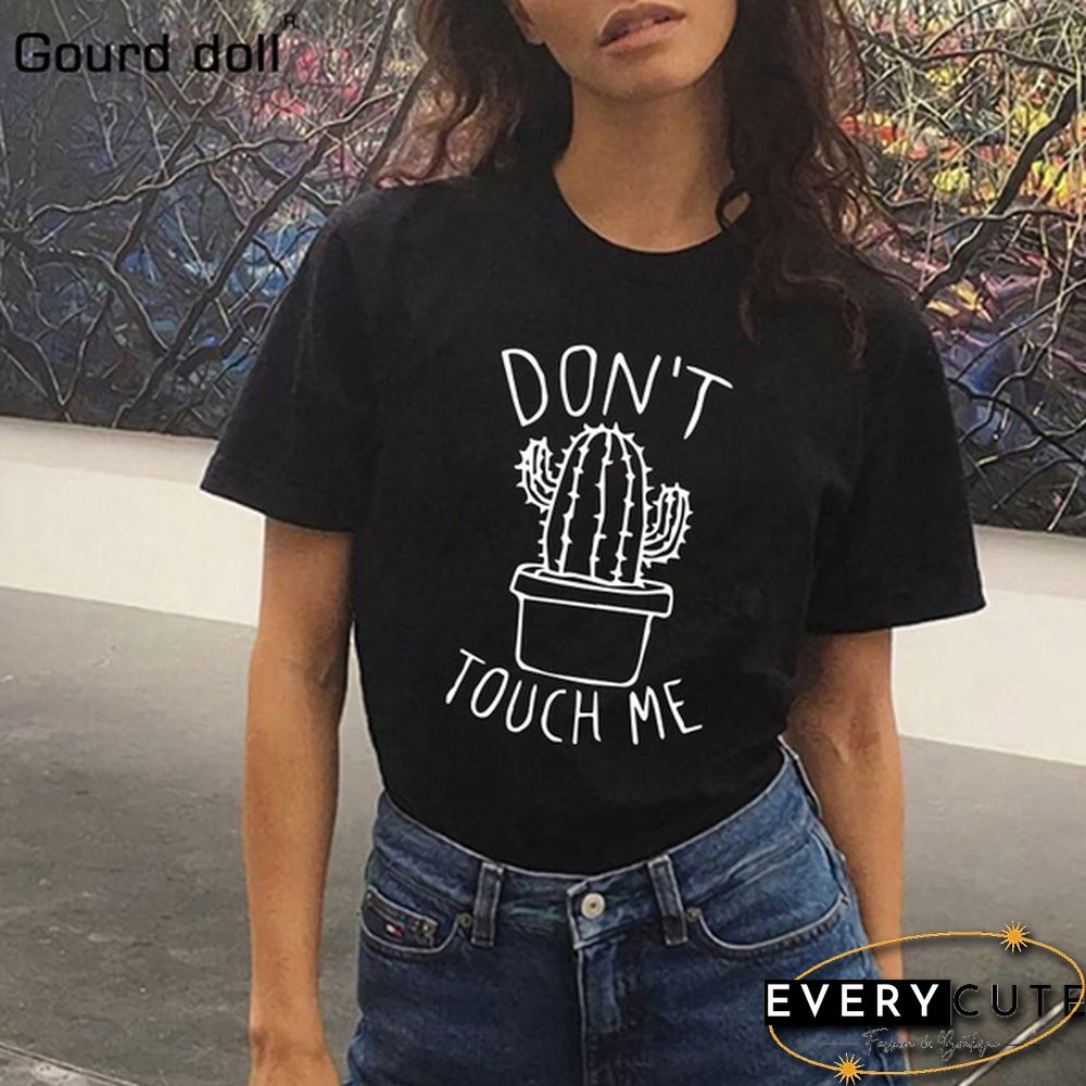Cute Cactus Don't Touch Me Printed T-Shirts For Women Short Sleeve Funny Round Neck Tee Shirt Casual Summer Tops