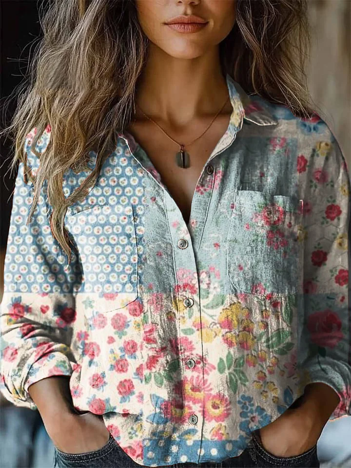 Women's Vintage Bohemian Floral Print Casual Western Shirt