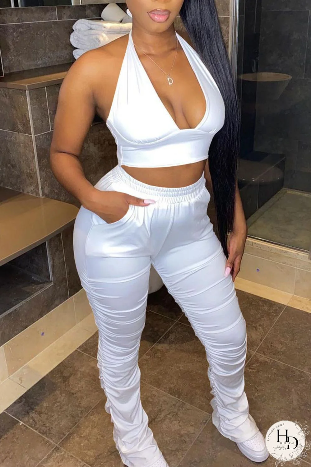 Tangerine Red Casual Solid Bandage Split Joint Backless Halter Sleeveless Two Pieces