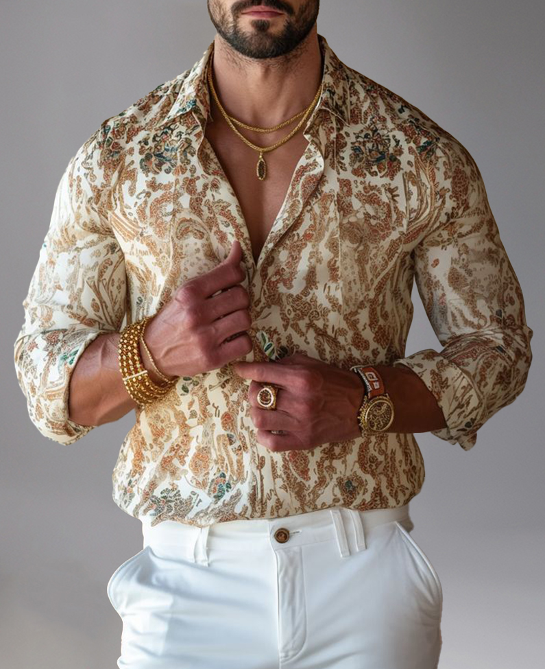 Retro Floral Pattern Single Breasted Long Sleeve Shirt