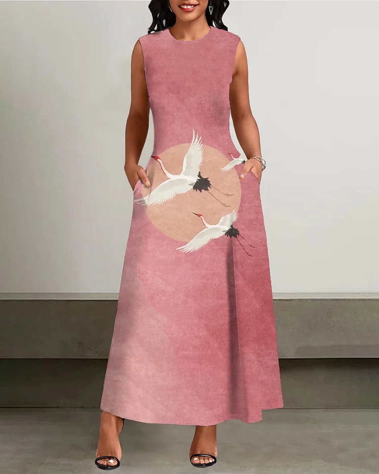 Round Neck Cranes & Sun Print Pockets Casual Dress