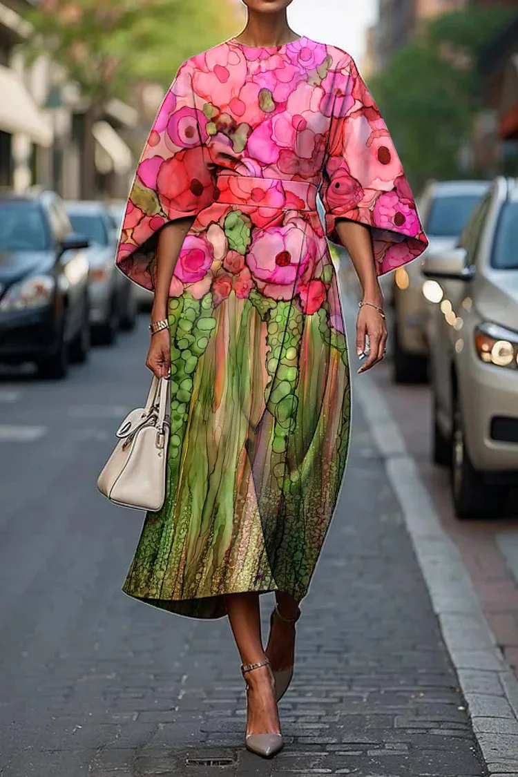 Women's Elegant Vintage Floral Print Midi Dress