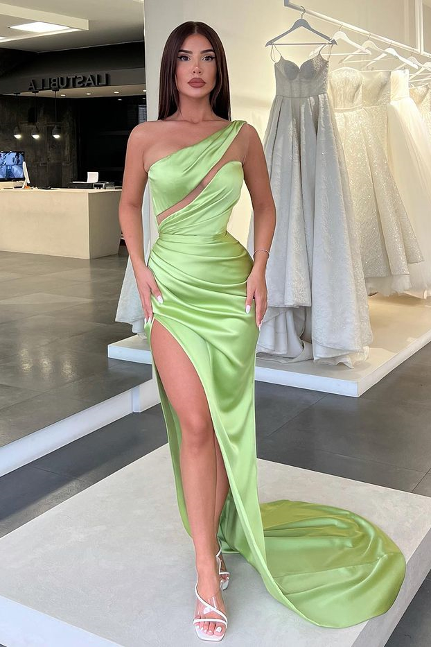 Luluslly Sage Green One Shoulder Mermaid Prom Dress Long Slit