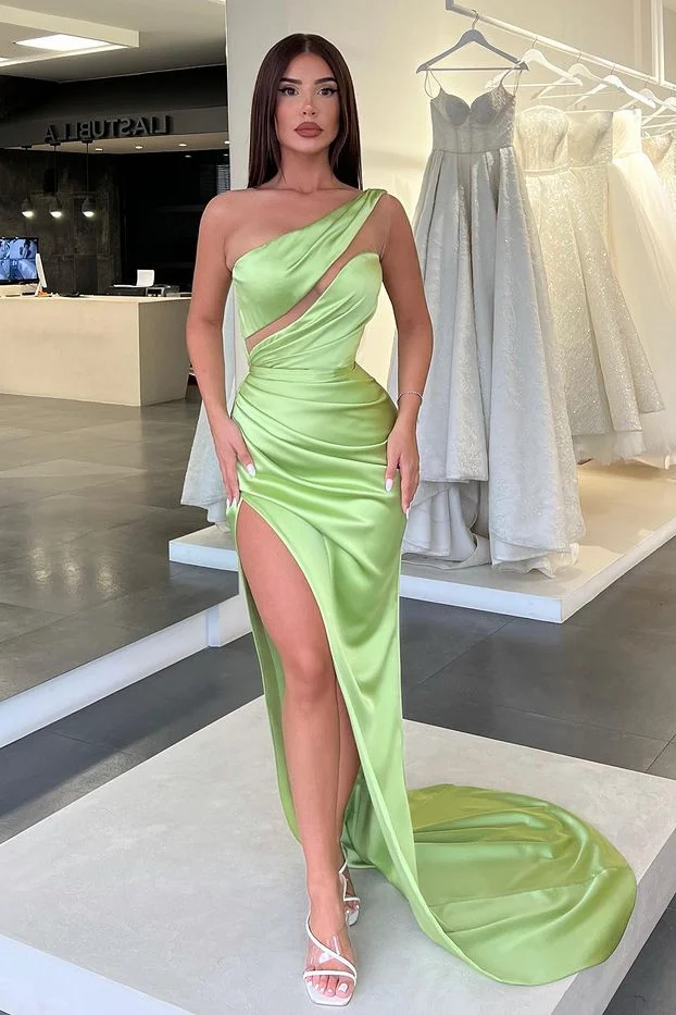 Miabel Light Green One-Shoulder Long Sleeveless Slit Evening Dress