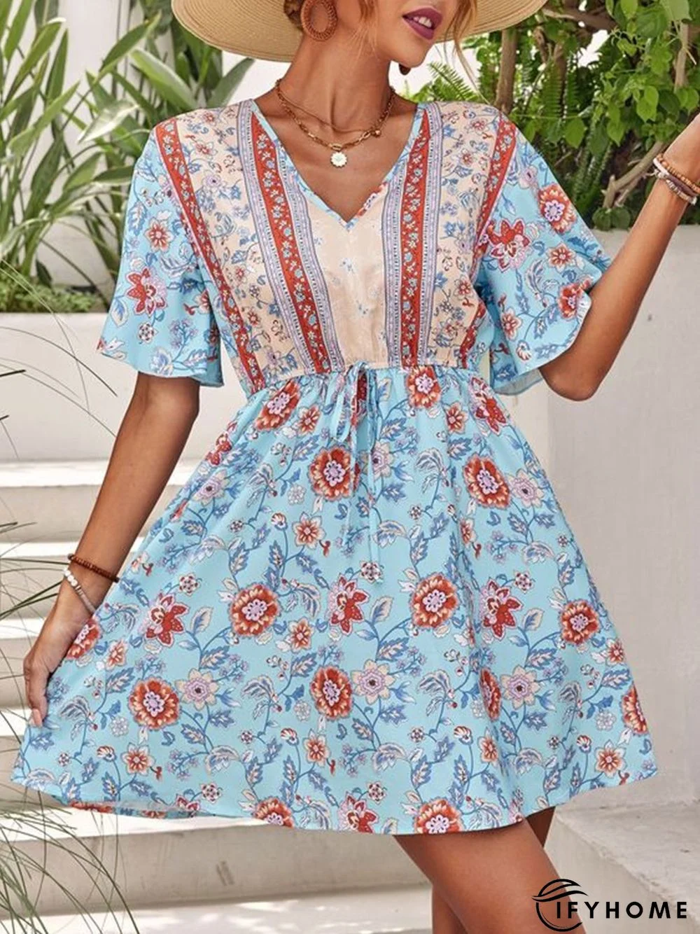 Floral Boho Casual Vacation Loose V Neck A-Line Dress | IFYHOME