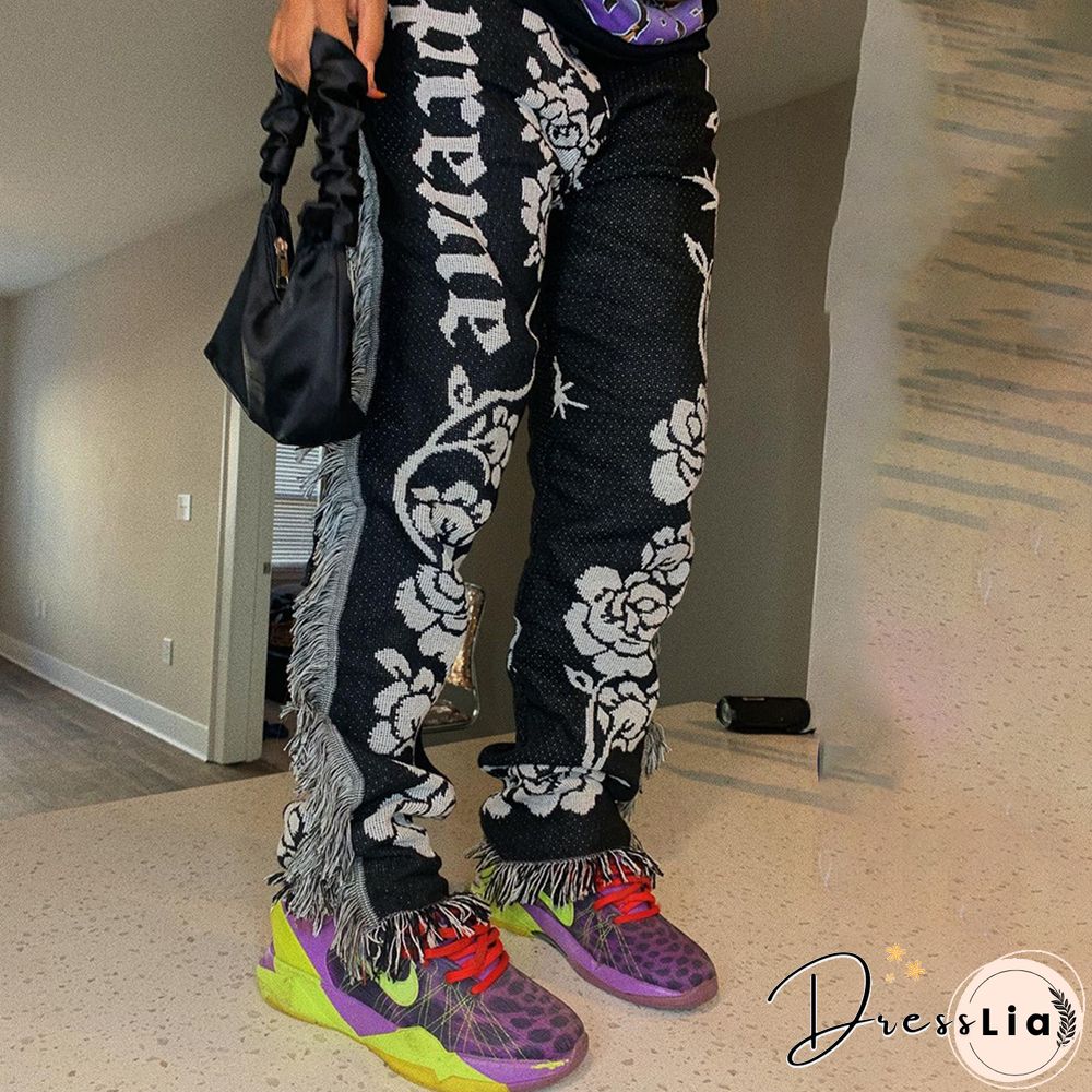 Side Tassels Patchwork Elastic Waist Women Print Jogger Pant