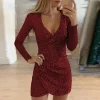 Women's Sequin Deep V-neck Long Sleeve Bodycon Dress