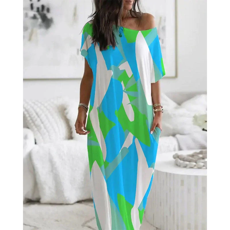 Uveng Summer Round Neck Sleeves Printed Loose Dresses