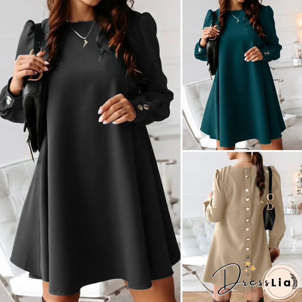 Womens O Neck Solid Loose Casual Party Cocktail Dress A Line Evening Mini Dress