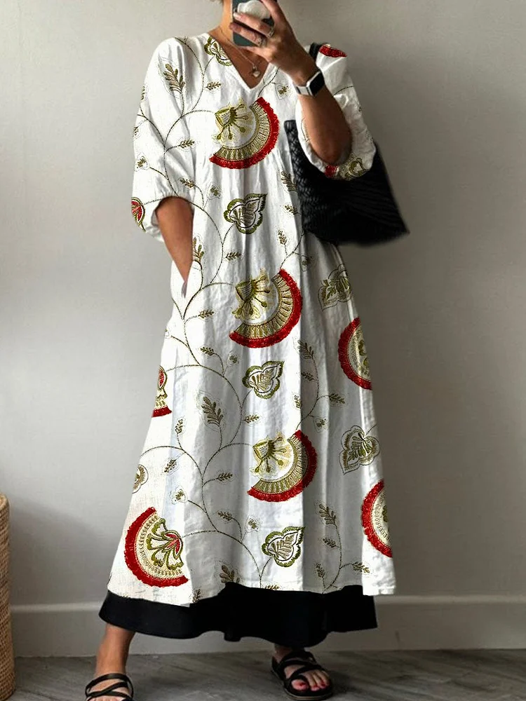 Women's Boho Vintage Floral Print Pocket V-neck Cotton Dress
