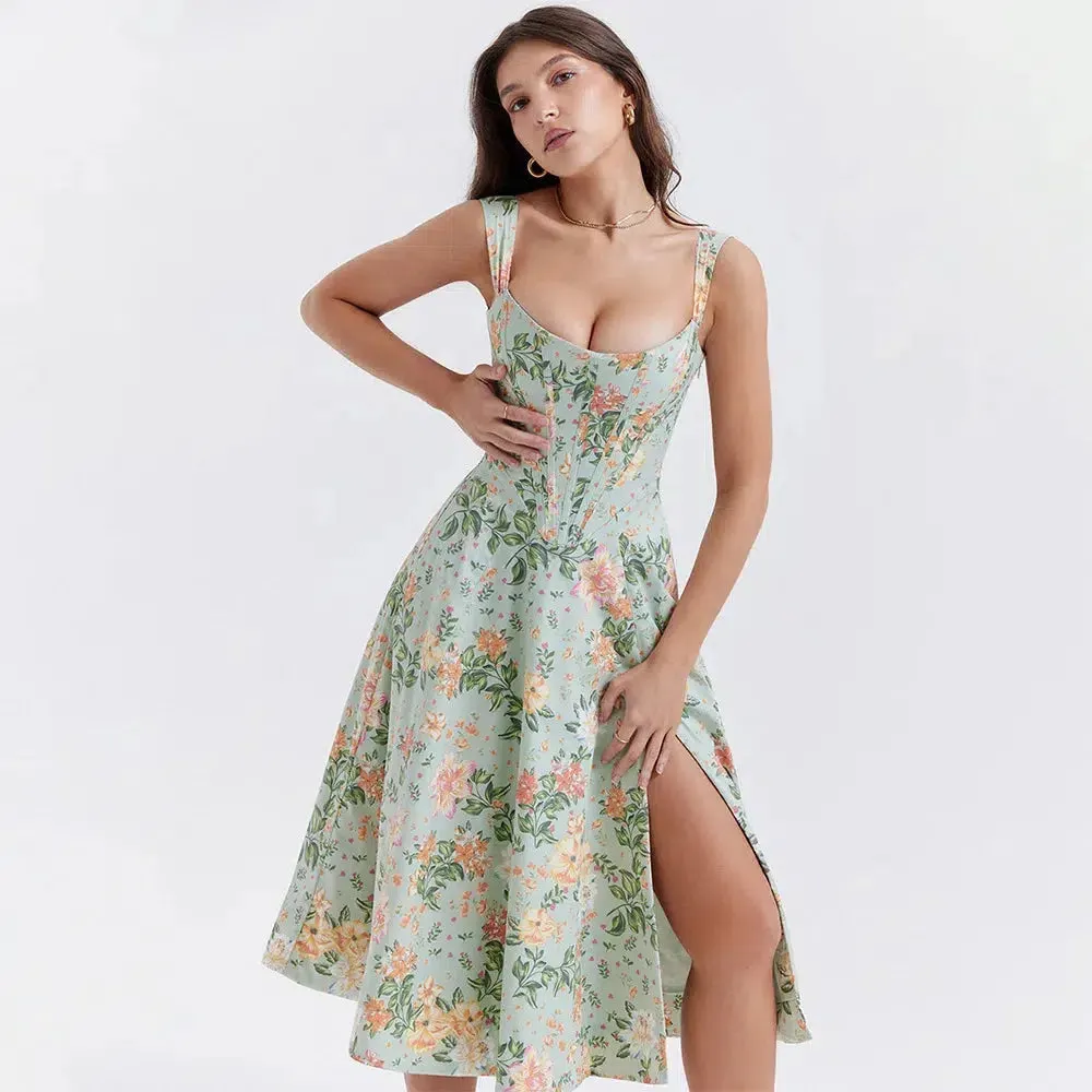 Brownm Floral Corset Midi Dress
