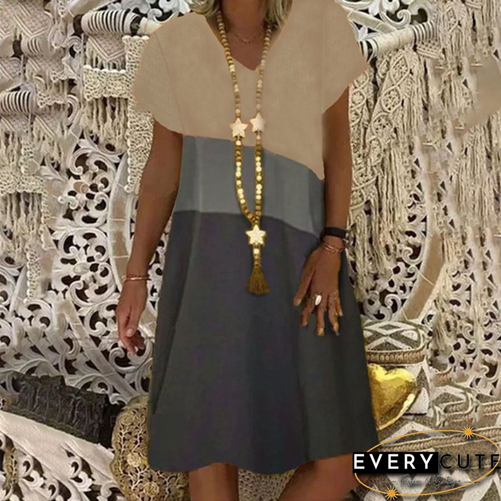 Summer Retro V-Neck Short-Sleeved Mid-Length Dress Retro Printed Loose Beach Casual Skirt