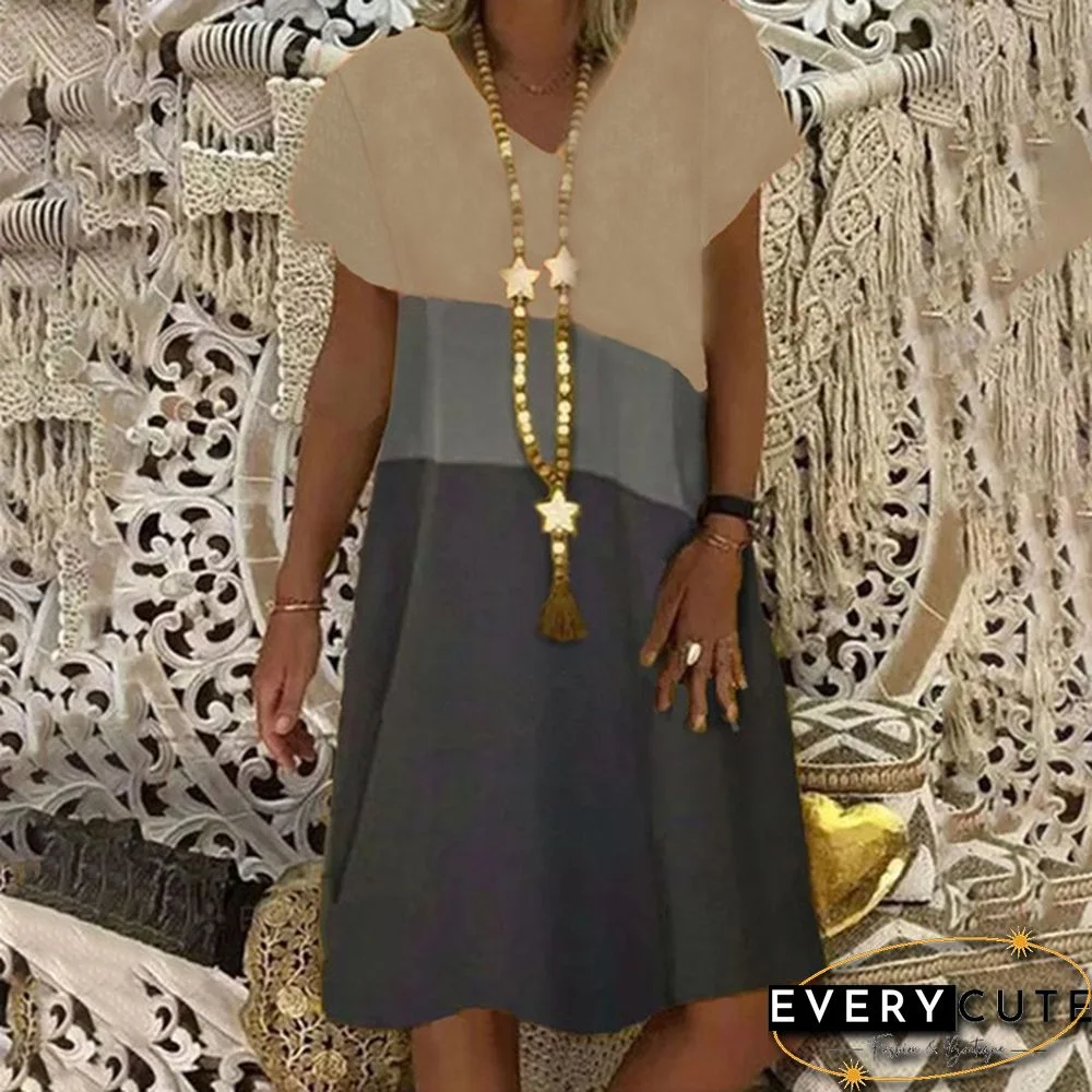 Summer Retro V-Neck Short-Sleeved Mid-Length Dress Retro Printed Loose Beach Casual Skirt