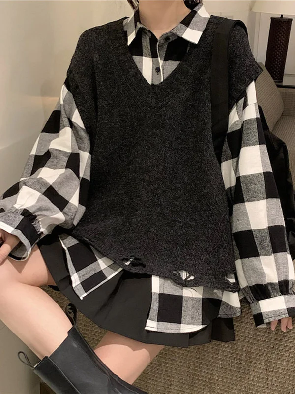 Original Two Piece Plaid Blouse+Sweater Vest Set