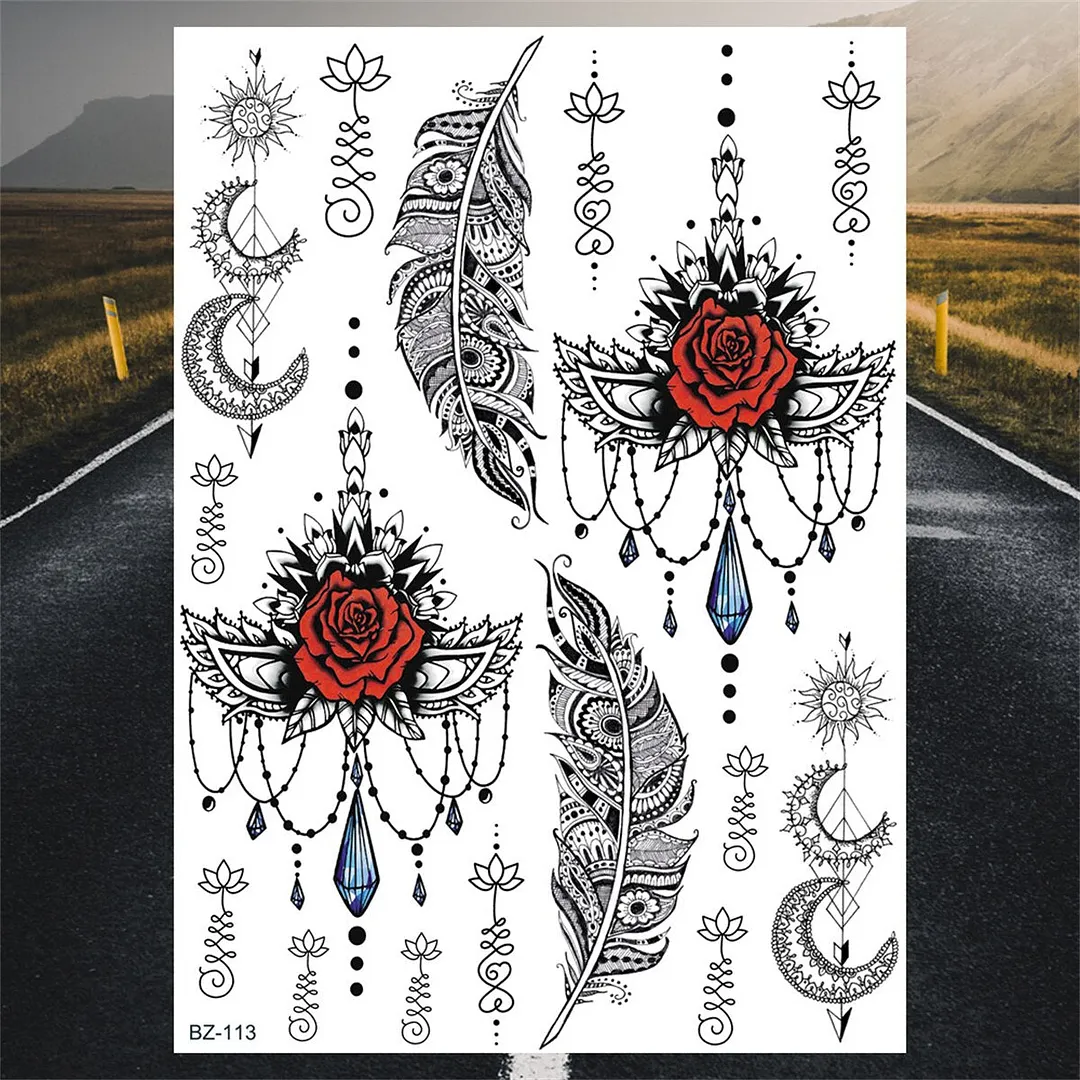 Black Lace Temporary Tattoos For Women Girls Realistic Mandala Henna Flower Fake Tattoo Sticker Foot Body Hena Transfer Tatoos