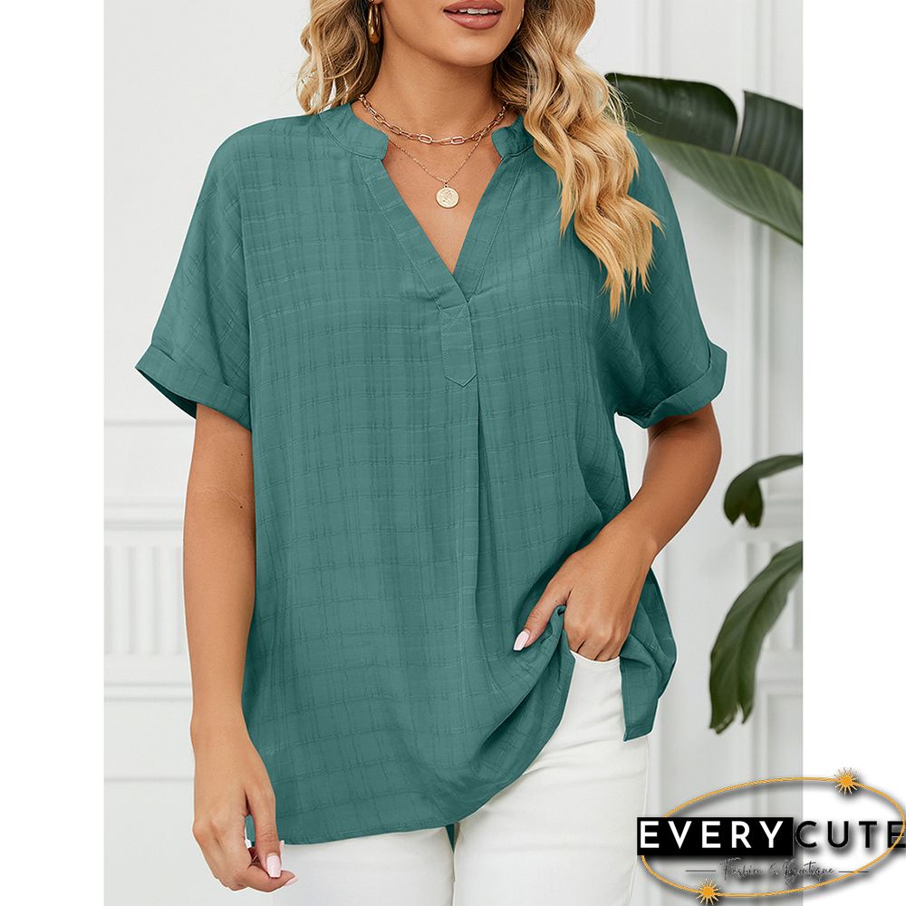 Green V Neckline Woven Pullover Tops