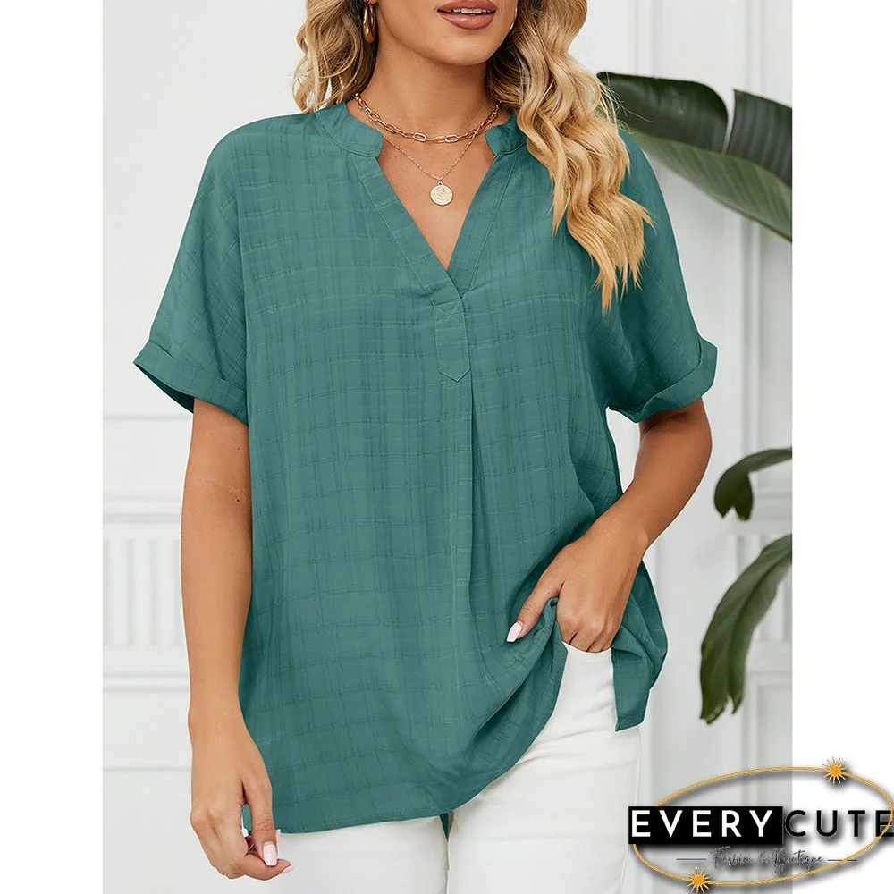 Green V Neckline Woven Pullover Tops