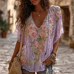 Women's Retro Boho Pink Floral Embroidered Art V-neck Short Sleeve T-shirt - Image 8