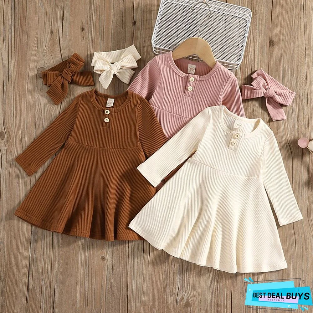 Kids Girls' Dress Solid Colored A Line Dress Above Knee Dress Vacation Cotton Long Sleeve Beautiful Dress 1-5 Years Winter Pink Brown White