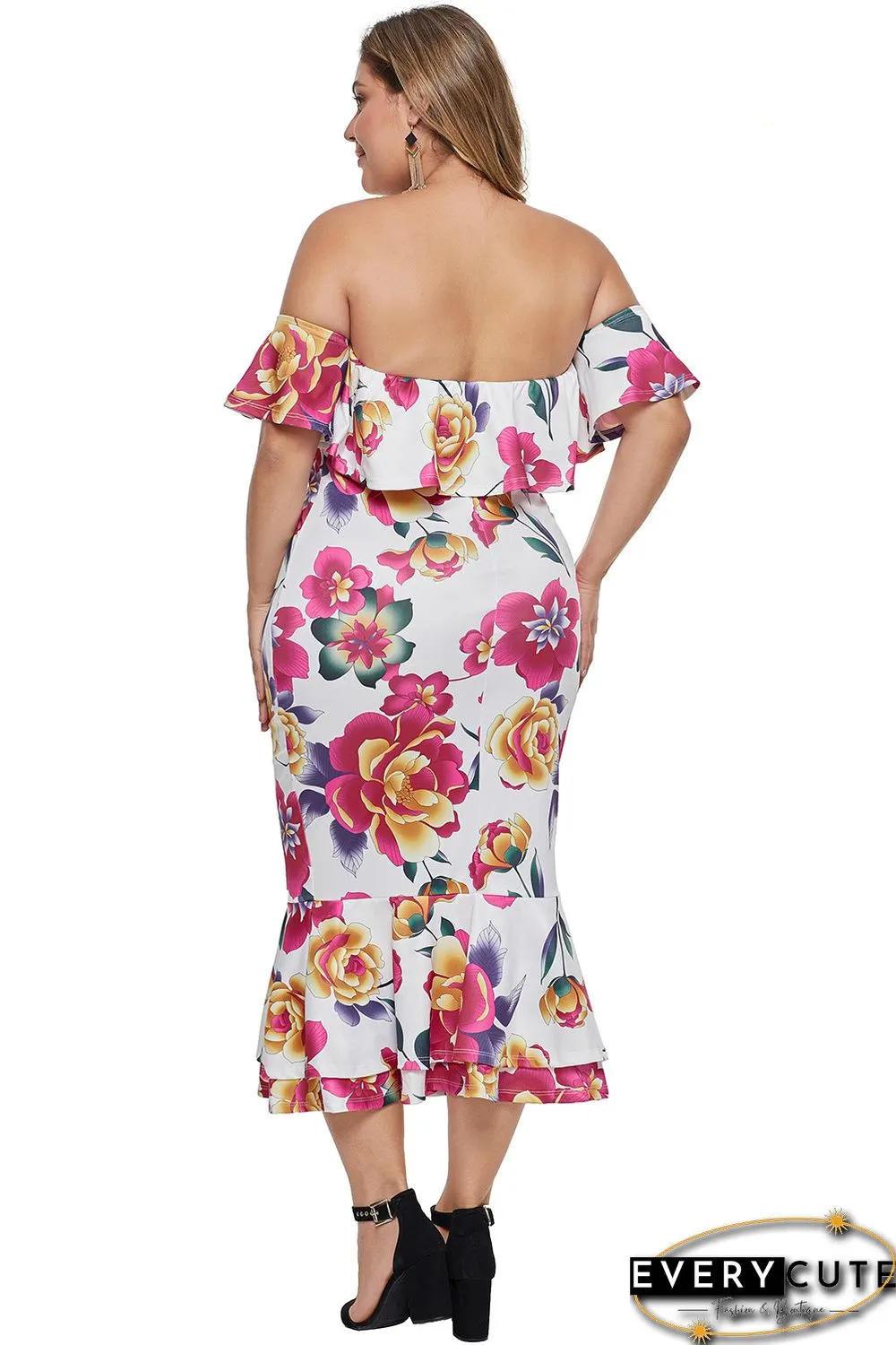 White Off-the-shoulder Floral Mermaid Plus Size Dress