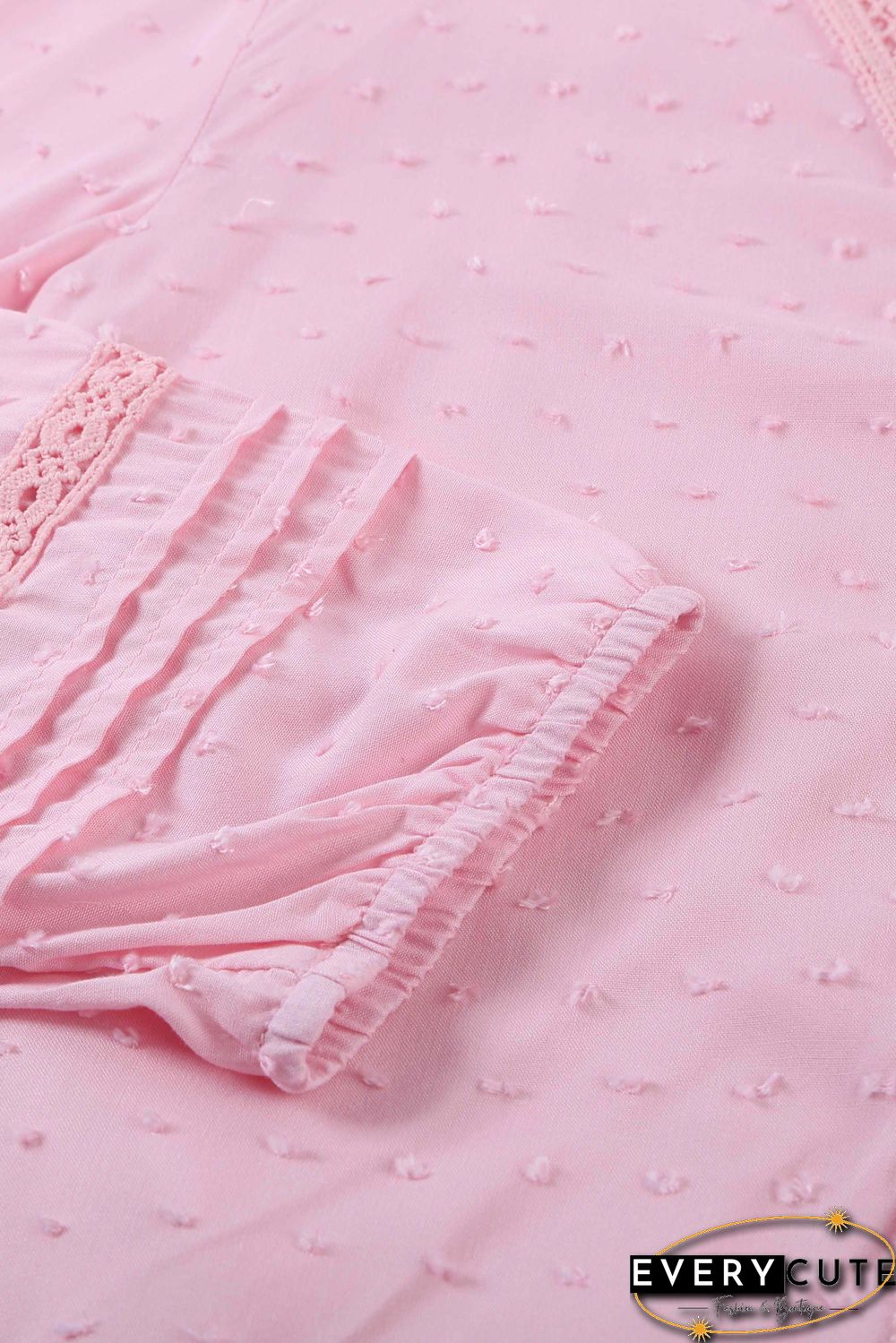 Pink V Neck 3/4 Sleeve Swiss Dot Casual Shirt