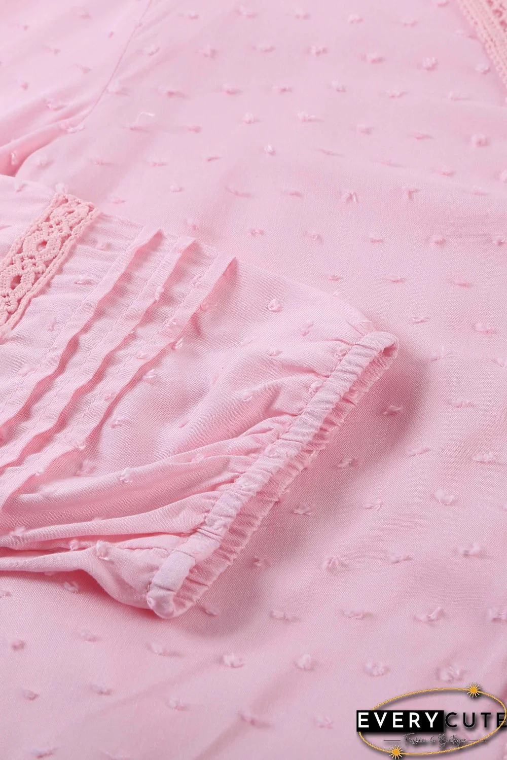 Pink V Neck 3/4 Sleeve Swiss Dot Casual Shirt