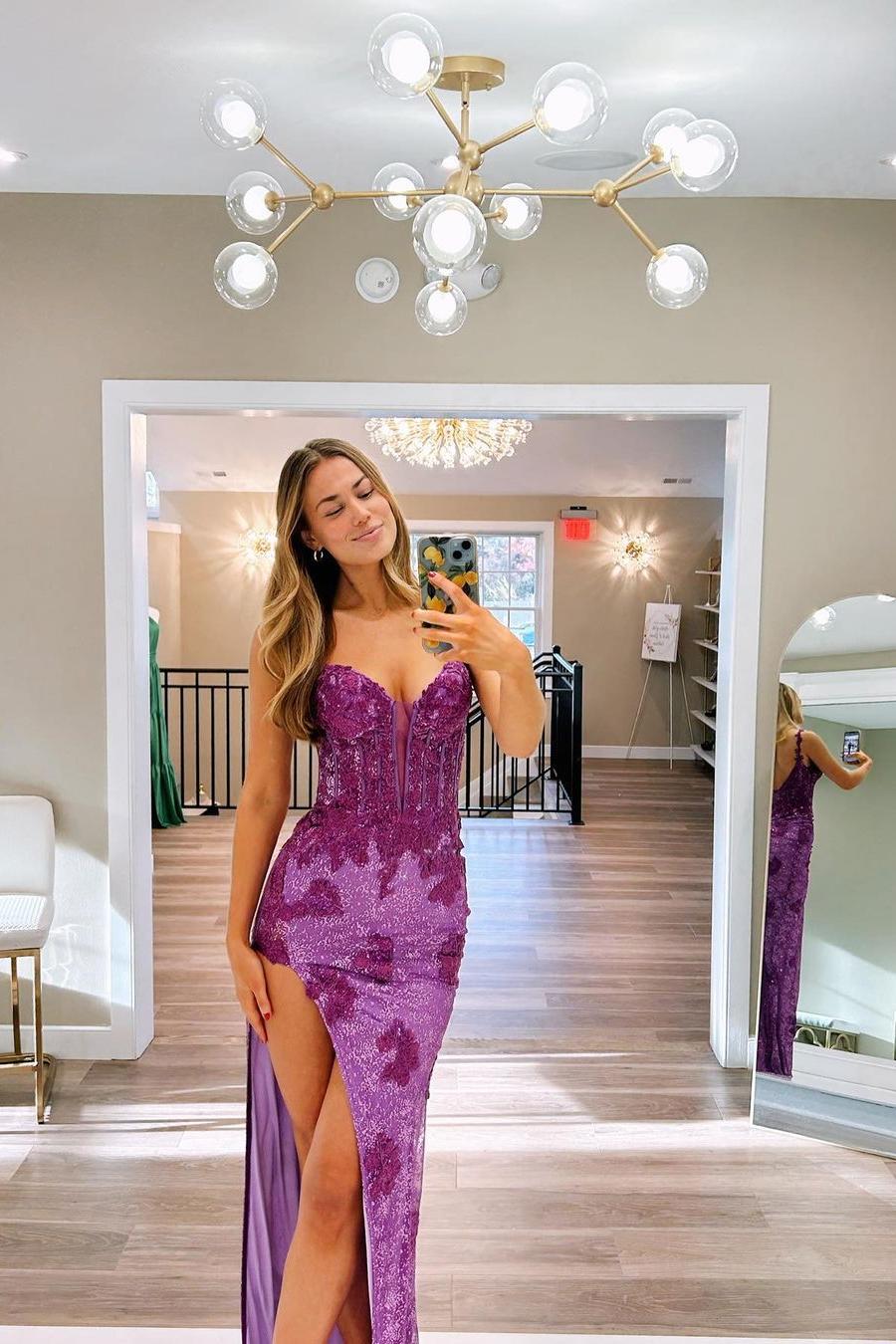 Lvs&Broner Stunning Spaghetti Strap Sleeveless Appliques Prom Dress With High Split