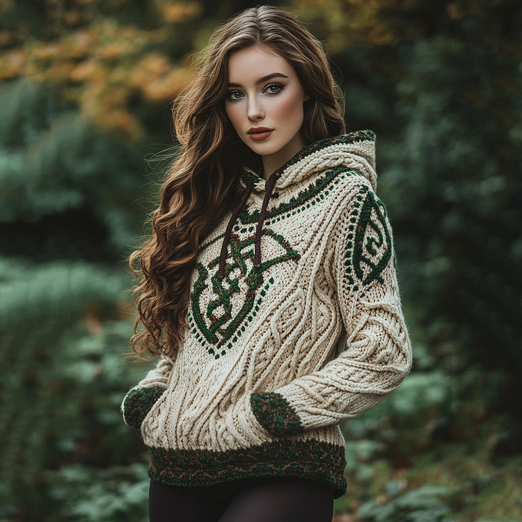 Women's Irish Celtic Knot Jacquard Mottled Hooded Sweater
