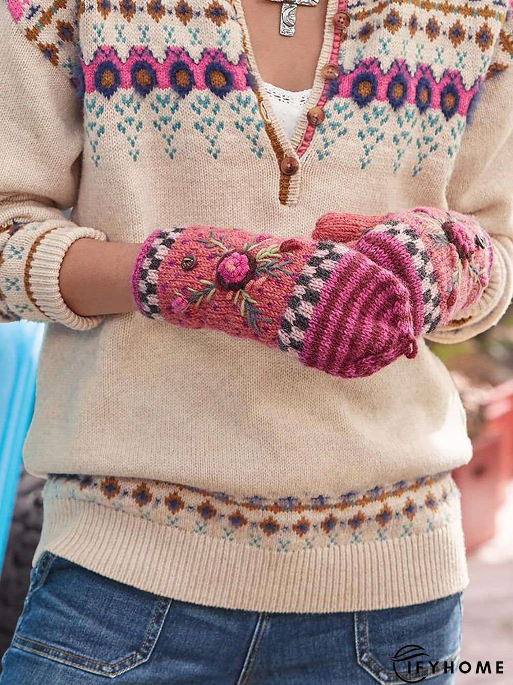 Holiday Geometric Print Round Neck Long Sleeve Casuall Sweater | IFYHOME