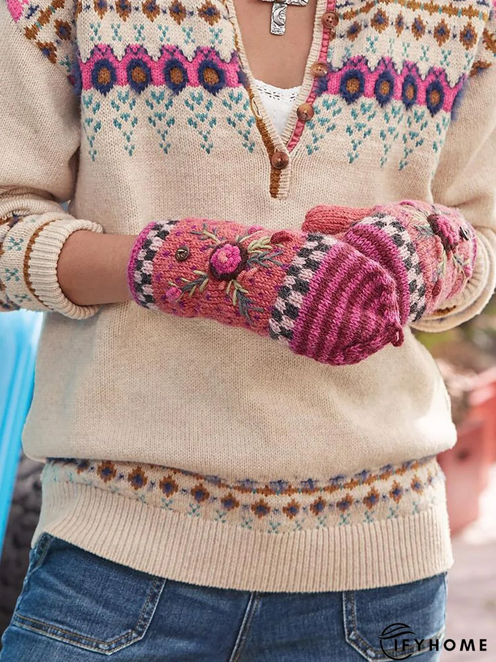 Holiday Geometric Print Round Neck Long Sleeve Casuall Sweater | IFYHOME