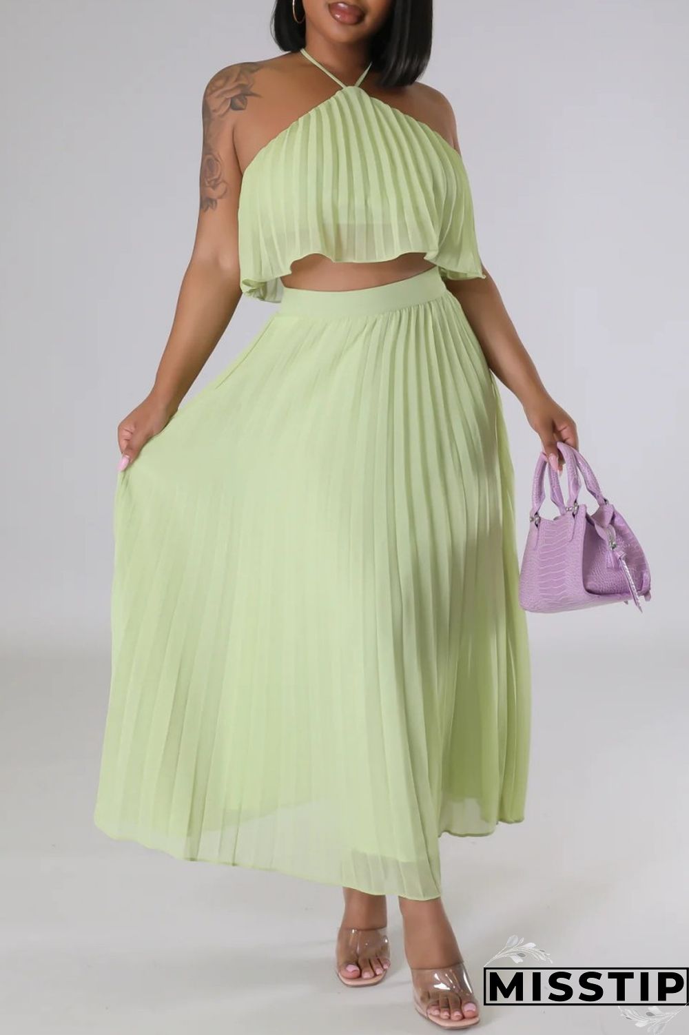 Mint green Casual Solid Bandage Backless Pleated Halter Sleeveless Two Pieces