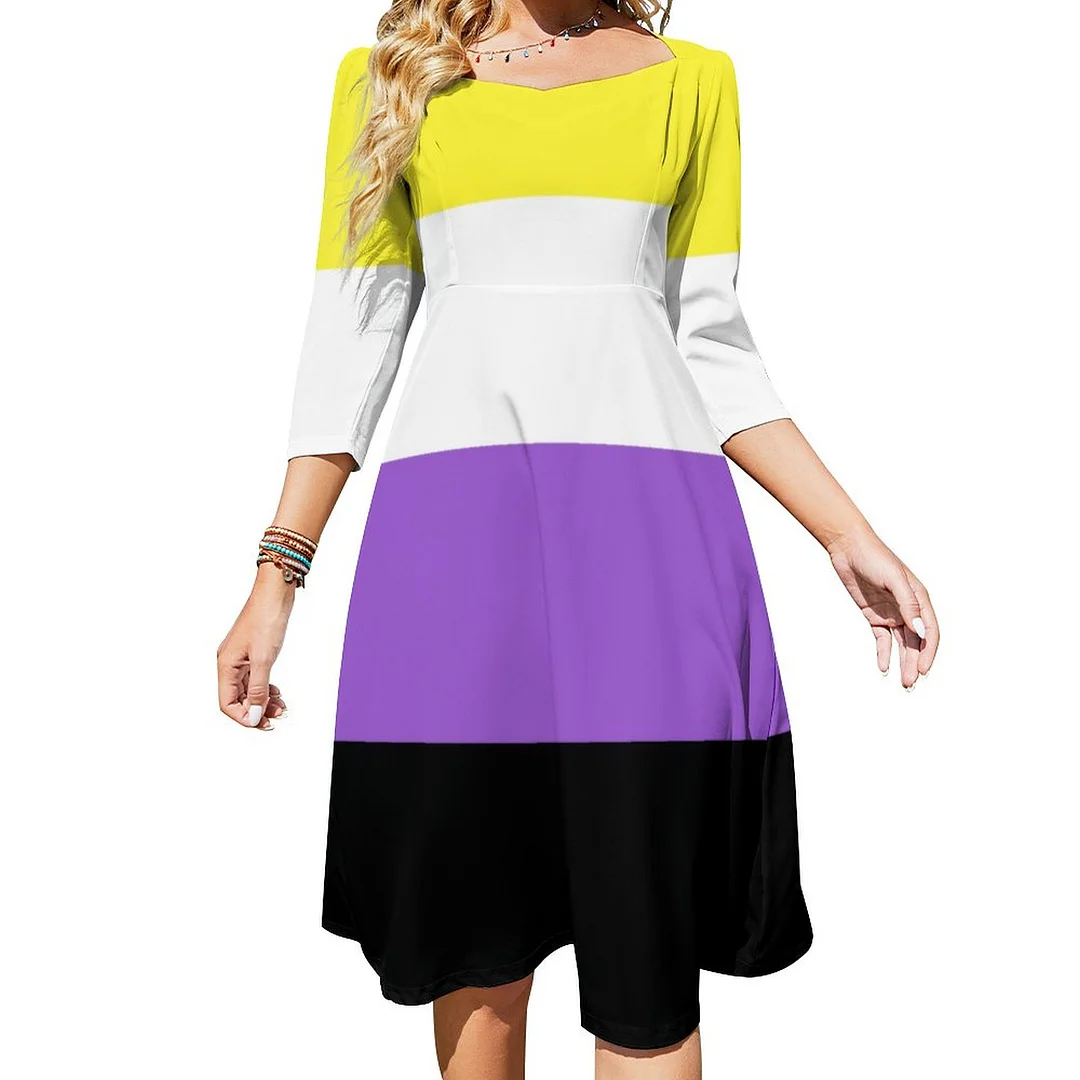 Non Binary Pride Flag Dress Sweetheart Tie Back Flared 3/4 Sleeve Midi Dresses