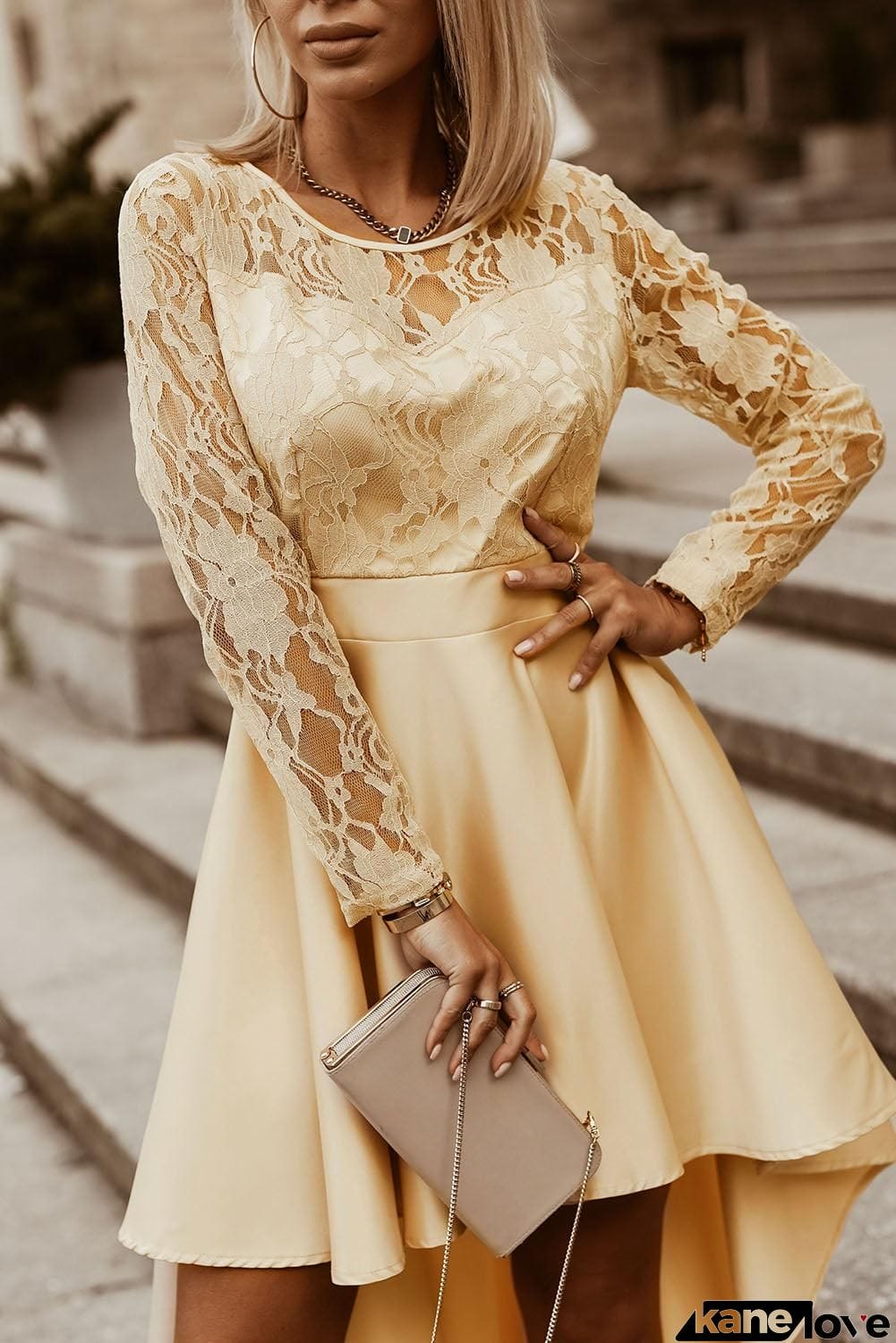 Spliced Lace High-Low Long Sleeve Dress