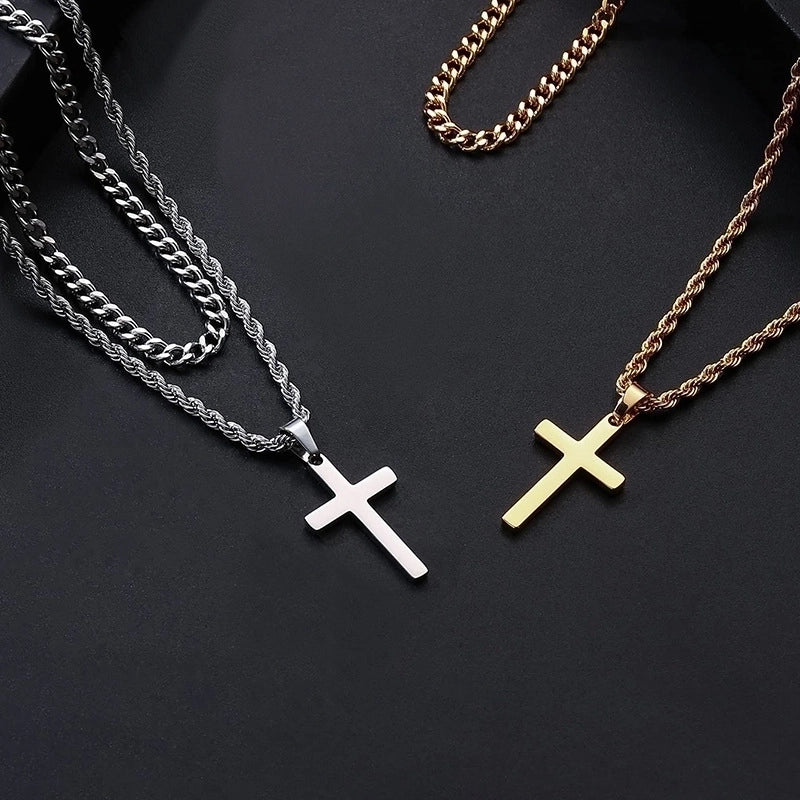 Hip-Hop Cross 304 Stainless Steel Plating 18K Gold Plated Men's Double Layer Necklaces Pendant Necklace