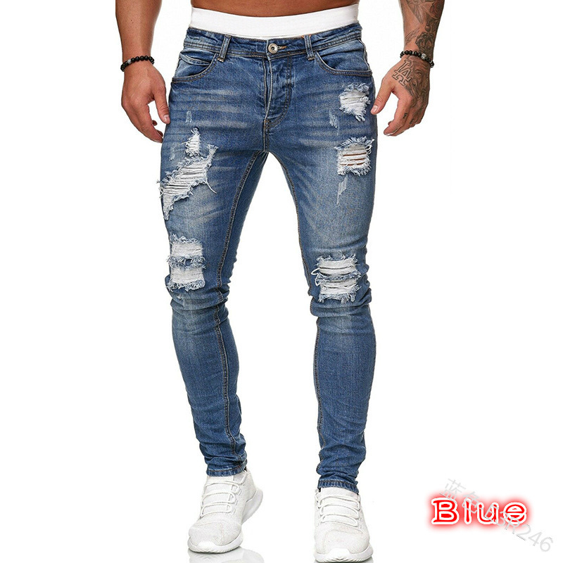 Bonushim Men Jeans Knee Hole Ripped Stretch Skinny Denim Pants Solid Color Black Blue Autumn Summer Hip-Hop Style Slim Fit Trousers S-4XL