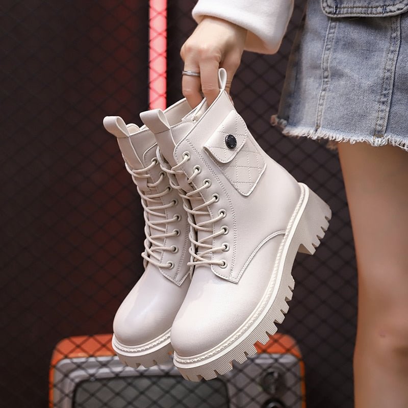2021 Autumn Fashion Platform Boots White Lace Up Punk Ankle Boot For Women Soft Round Toe Combat  Black Boots Ladies Shoes