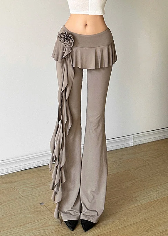 Stylish Khaki Flower Ribbon Patchwork Straight Leg Pants Summer