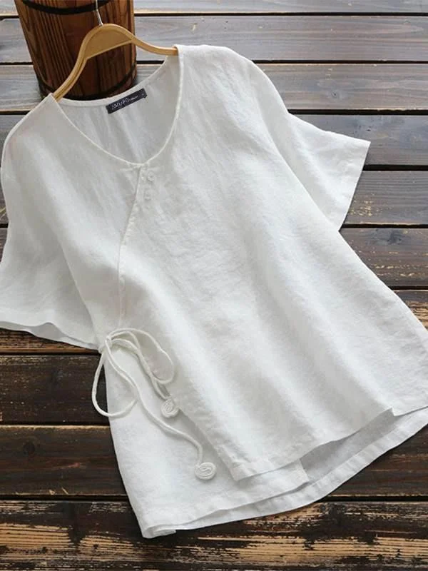 Large size ethnic style ladies pure cotton solid color short-sleeved shirt