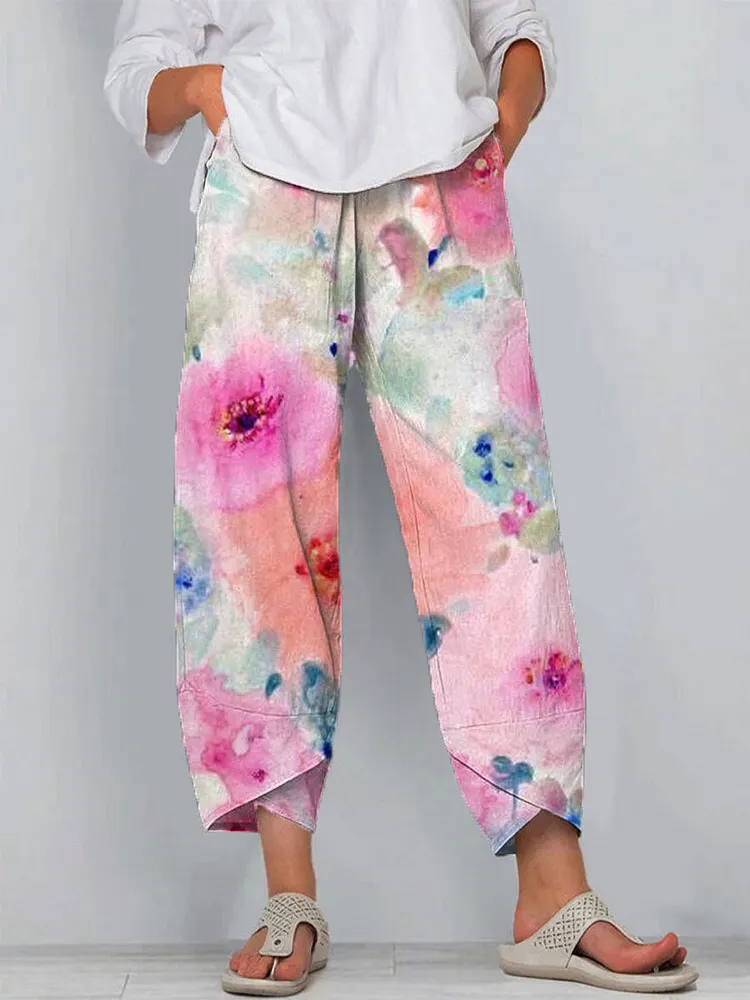 Women's Floral Art Printed Cotton And Linen Casual Pants