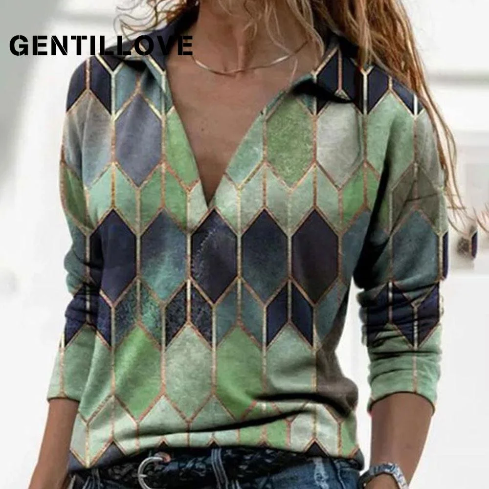 Gentillove 2021Women Spring Casual Pullover Elegant Blouse Oversized long Sleeve V Neck Geometric Printing Vintage Loose T-Shirt