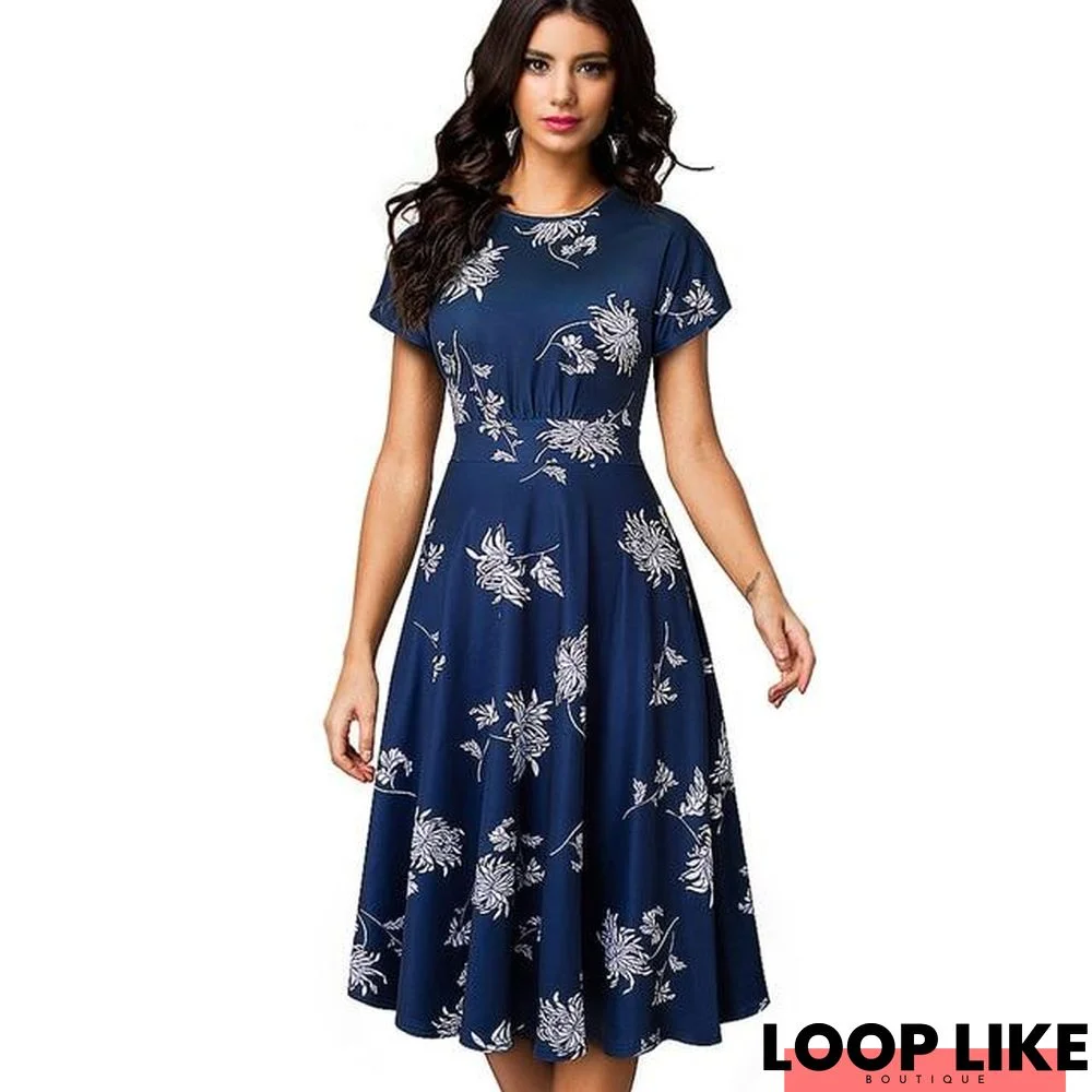 Women Vintage Elegant Floral Print Pleated Round Neck A-Line Pinup Party Dress