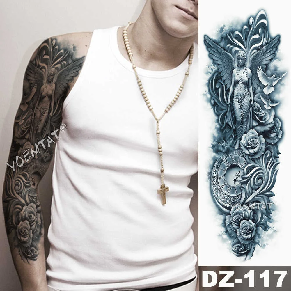 Large Arm Sleeve Tattoo Sketch Lion Tiger Waterproof Temporary Tattoo Sticker Crow Warrior Soldier Men Full Skull Totem Tattoo