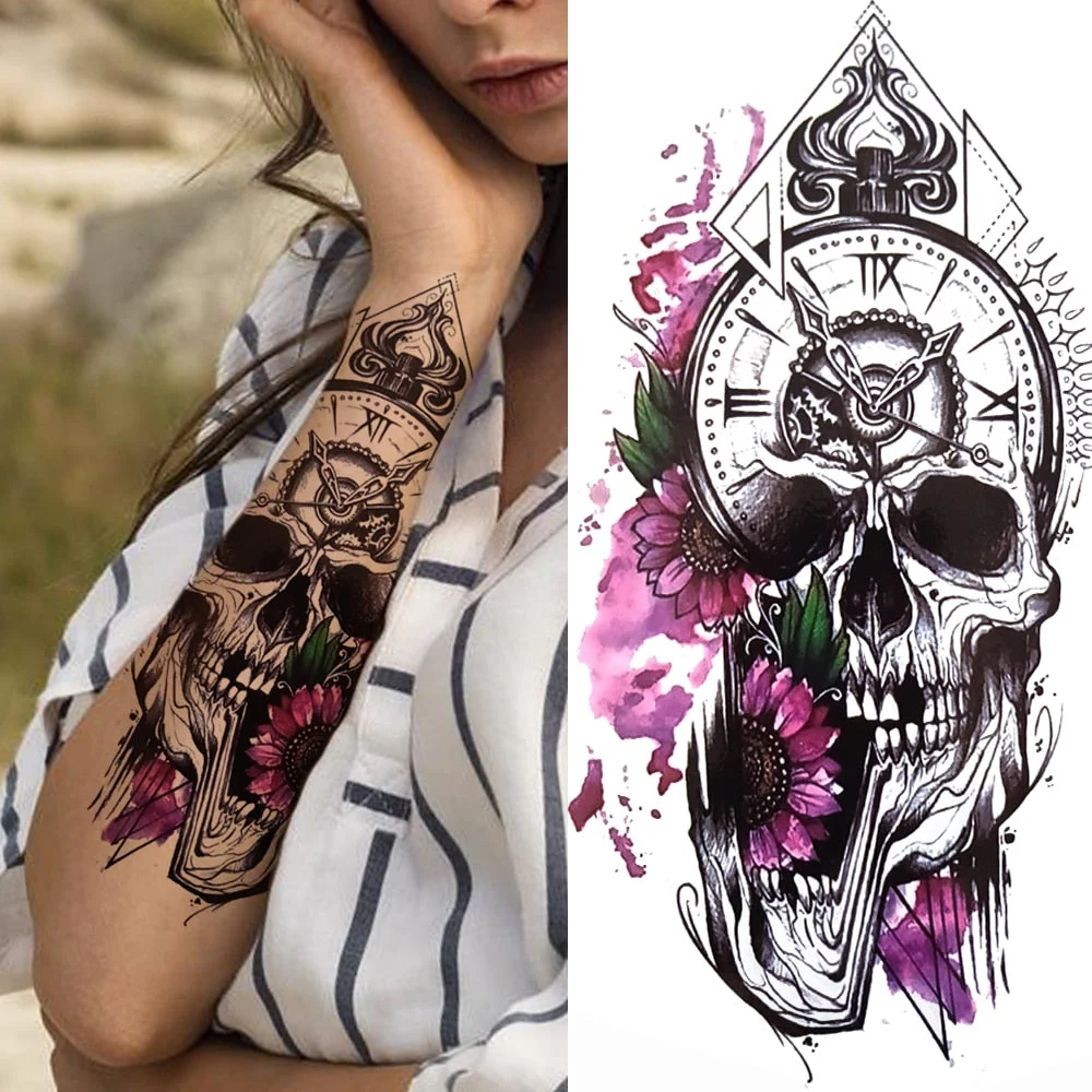 Forest Tiger Temporary Tattoos For Men Women Kids Lion Skull Cross Tattoo Sticker Black Compass Skeleton Tatoos Leg Thigh 924-1