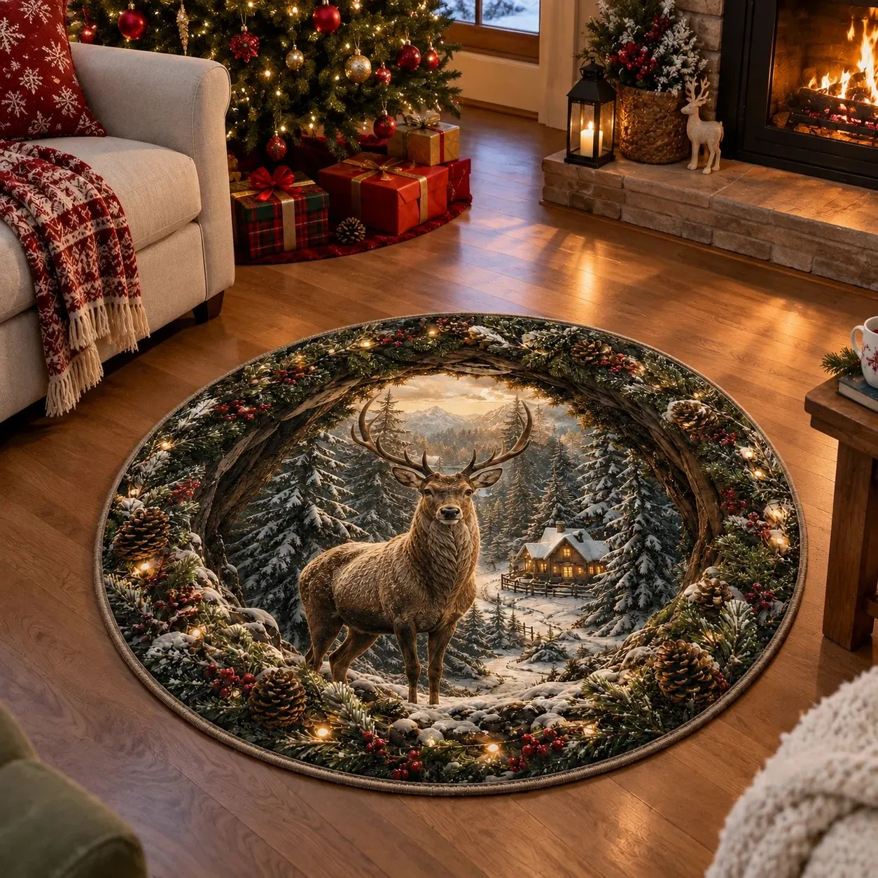 Reindeer forest Christmas rug by fireplace