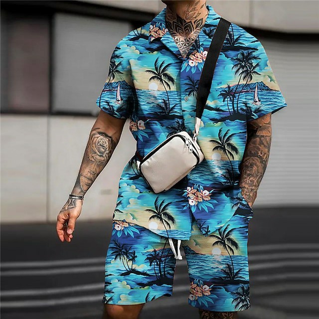 Men's Shirt Summer Hawaiian Shirt Shirt Set Coconut Tree Graphic Prints Beach Turndown Blue Light Blue Outdoor Street Short Sleeves Print Clothing