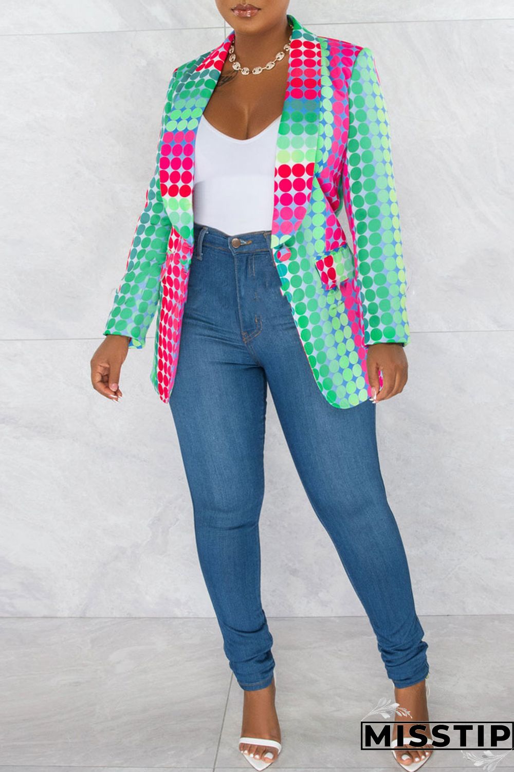 Green Fashion Casual Print Patchwork Cardigan Turn-back Collar Outerwear