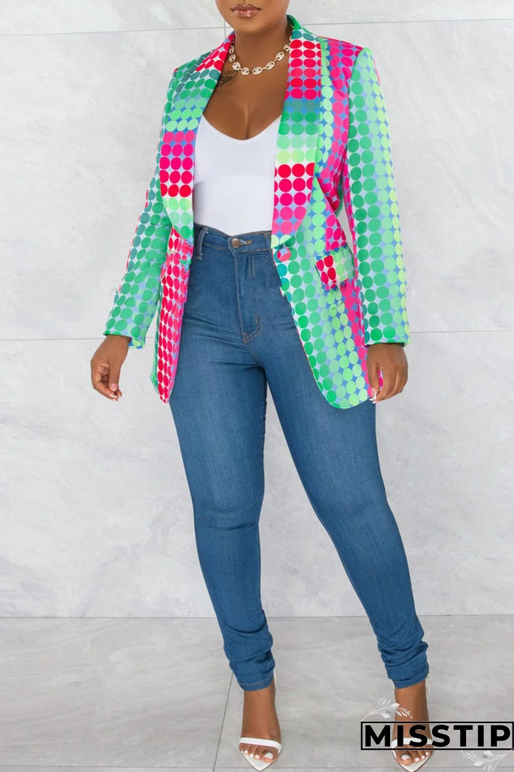 Green Fashion Casual Print Patchwork Cardigan Turn-back Collar Outerwear