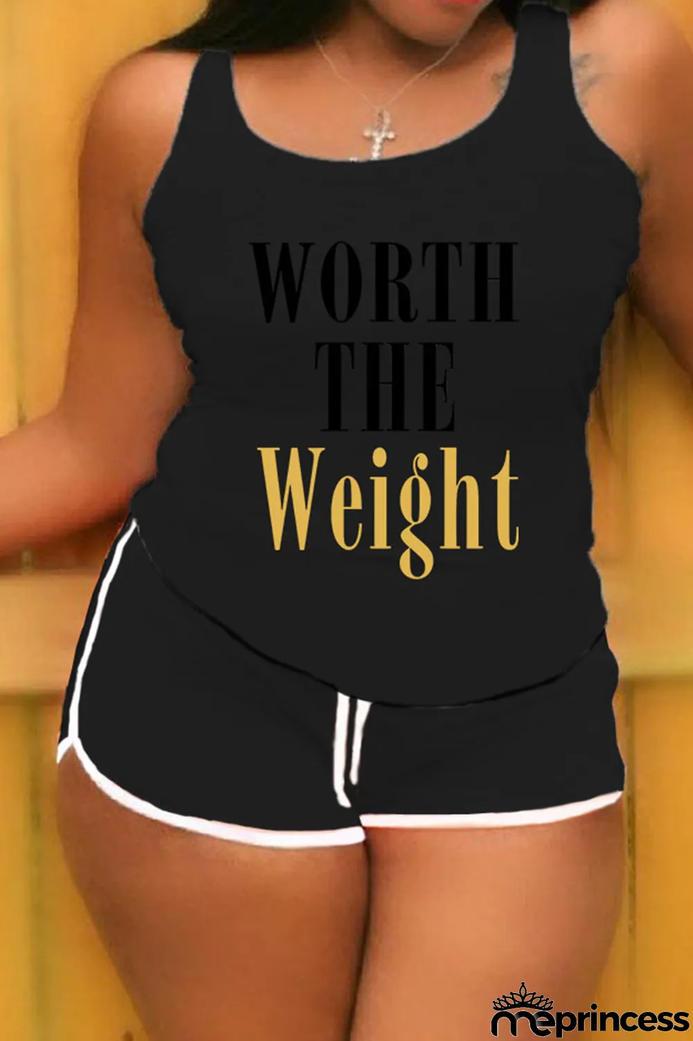 Black Plus Size Casual Letter Print Patchwork U Neck Plus Size Two Pieces